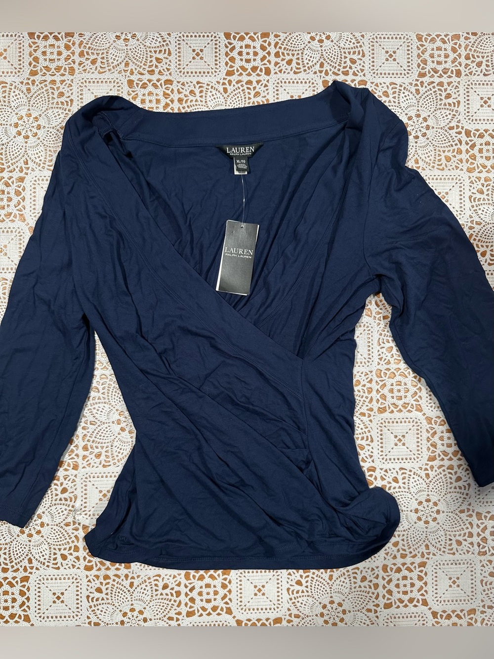 NWT Lauren Ralph Lauren Navy Faux Wrap Top XL 3/4 Sleeve